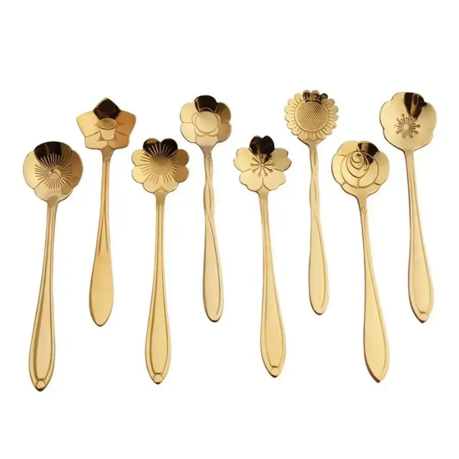 Glamorous Baroque 8-Piece Flower-Shaped Stainless Steel Coffee Spoon Set, Carved for Ice Cream, Honey - Ideal for Anniversary, Birthday Gifting, Kitchen Dining Use (Plants-Themed Accent), Bpa Free