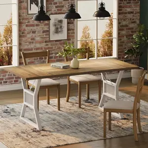 Modern Industrial Dining Table, 59" Rectangular Kitchen Table with Metal Base, MDF Wood Top & X-Frame Design, Space-Saving Dining Room Table for Home