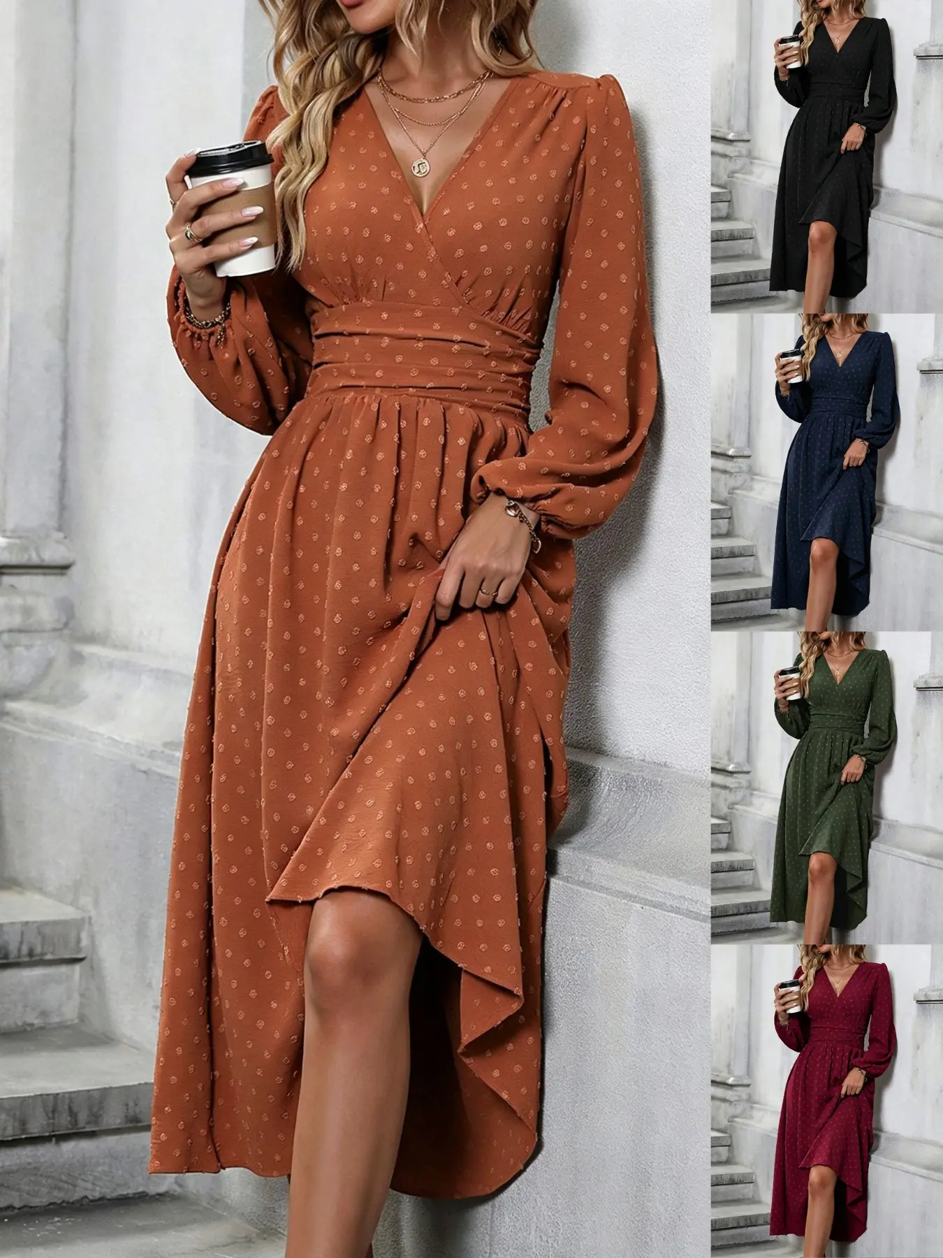 Elegant Women's Fall Winter Dress, Chic Shopping & Vacation, Colorblock Floral Polka Dot V-Neck Long Sleeve, Casual Retro Style