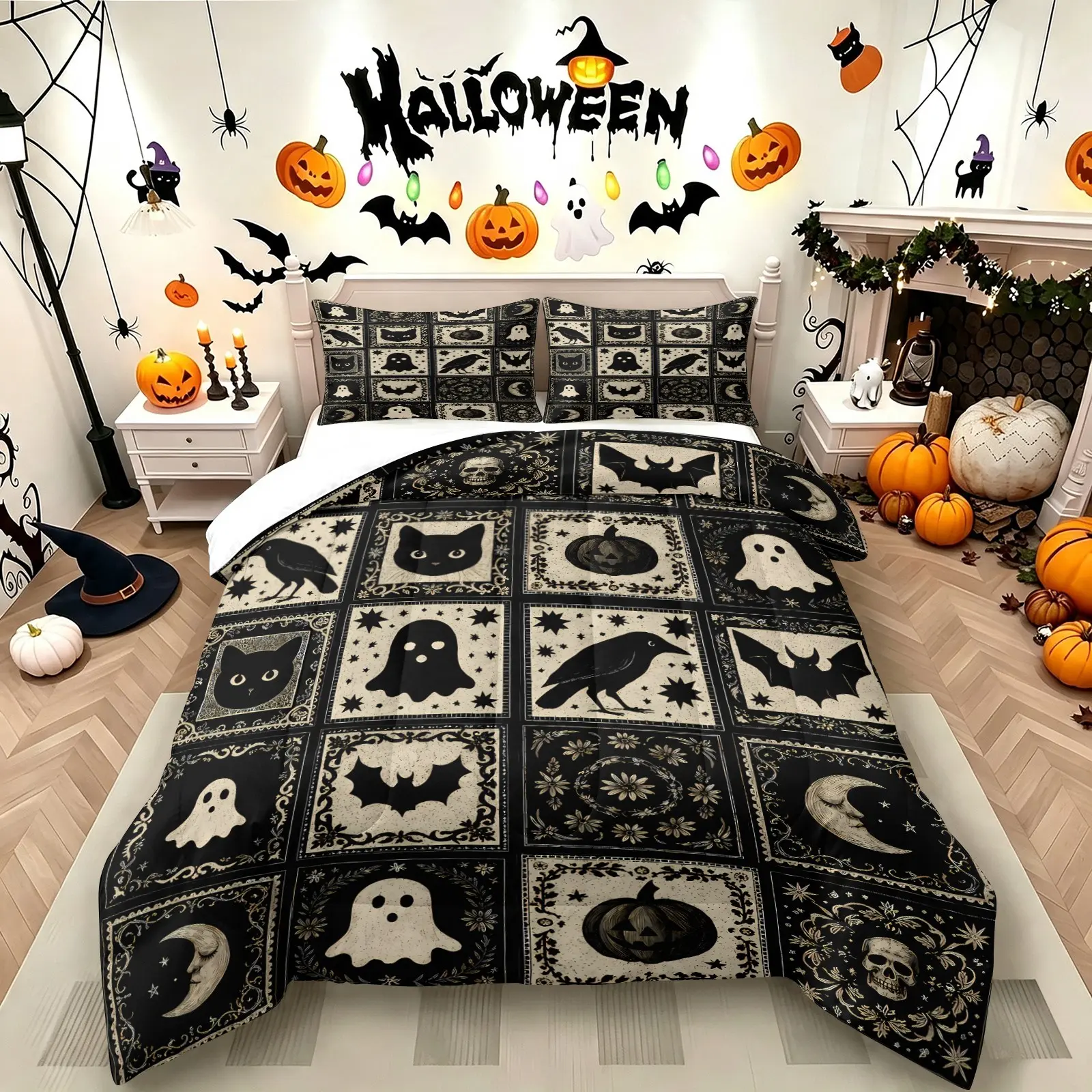 Vintage Patchwork Halloween Print Comforter Set, Includes 1 Quilt and 1‑2 Pillowcases, Ghost Black Cat Raven Bat Pumpkin Moon Skull Pattern Print, Gift for Kids, Teens and Adults, Spooky‑Season Holiday Gift for Halloween Lovers