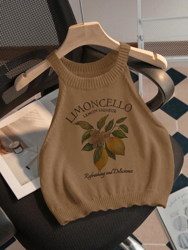 Women's Lemon Print Round Neck Crop Sweater Vest, Casual Sleeveless Knit Tank Top for Summer, Fashion Women's Knitwear for Daily Wear