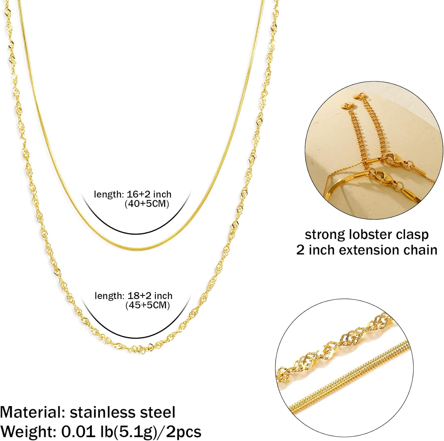 Gold Plated Thin Chain Layered Necklaces For Women Non Tarnish,18k Gold Plated Stainless Steel Dainty Waterproof Gold Necklace Set Stack For Women Gifts Jewelry