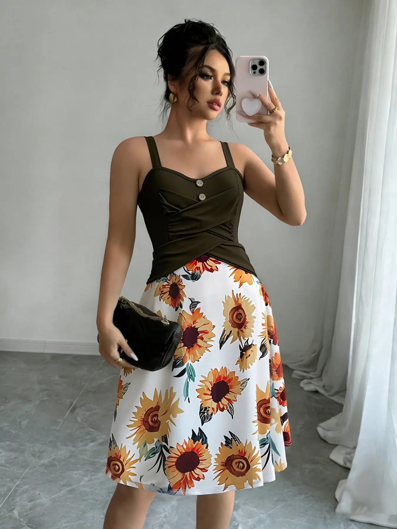 1 Piece Colorblock Sunflower Print Halter Midi Dress, European Style Casual Vacation Look, Tie Waist Fake Two-Piece A-Line Skirt