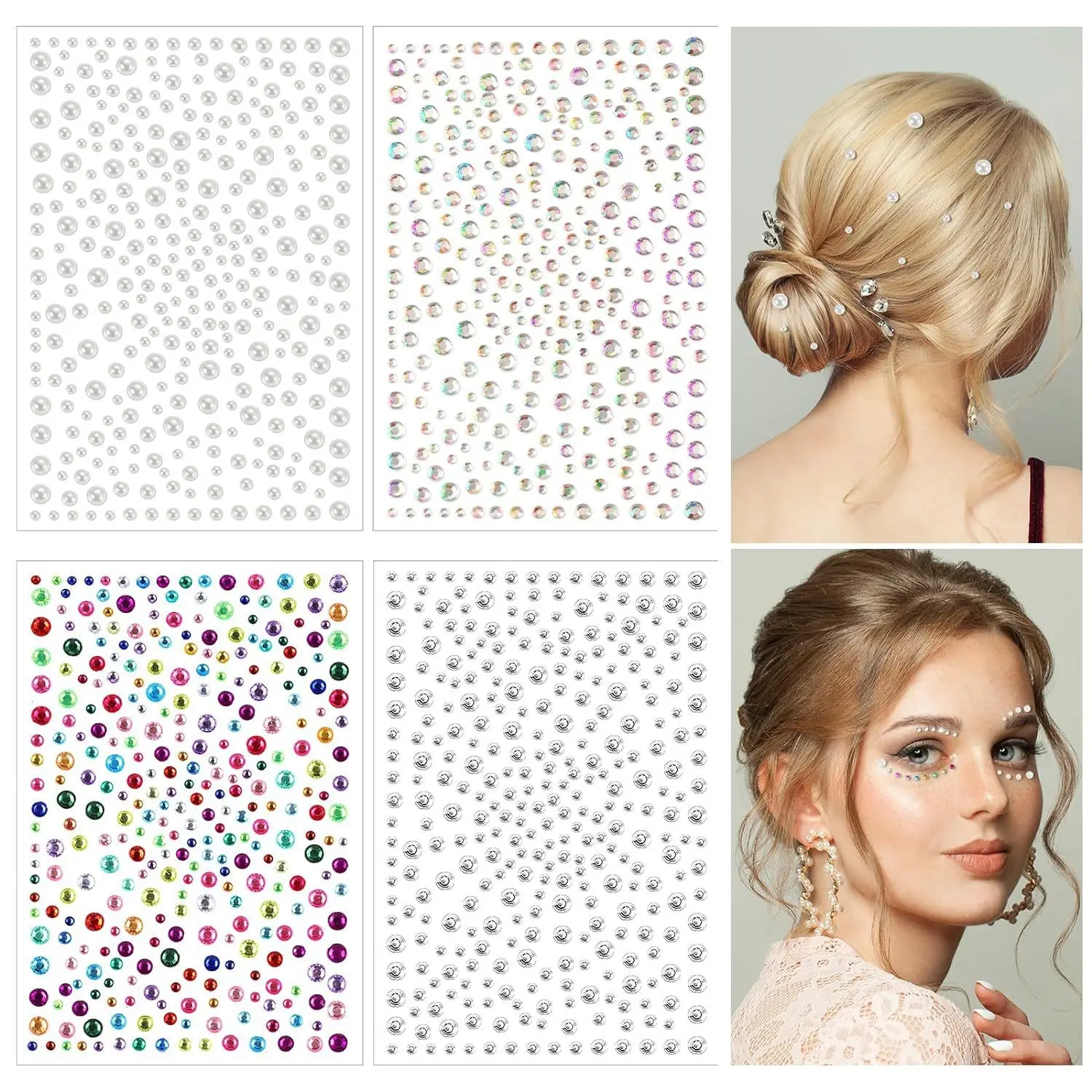 900pcs 15 Colors Face Rhinestone Pearl Stickers, Self-Adhesive Facial Hair Body Decorative Stickers, DIY Jewelry Accessories