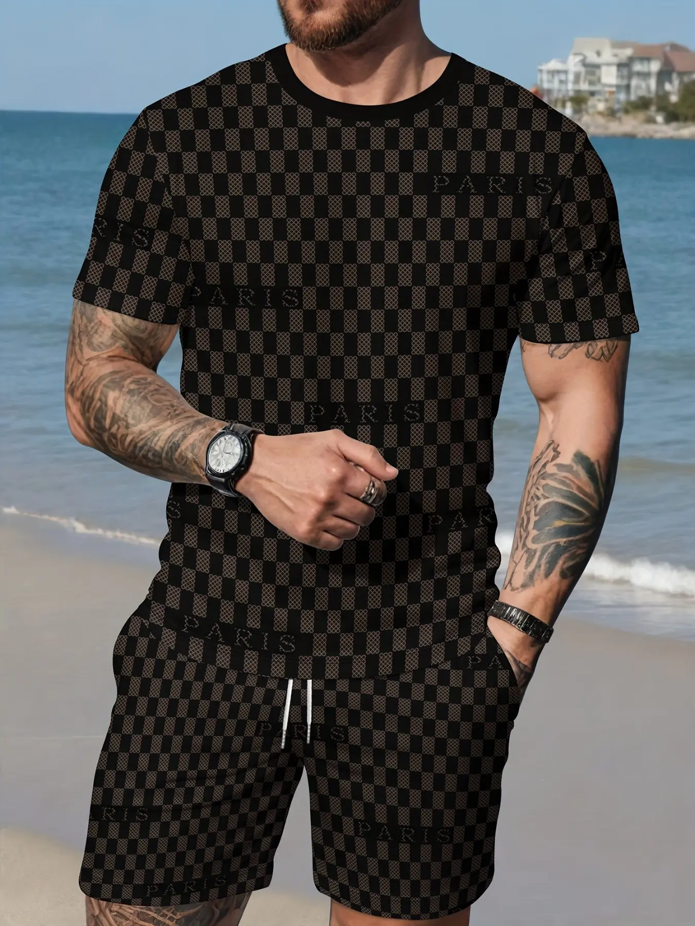 Men's Plaid Short Sleeve Set, Summer Casual Sport Two-Piece, Checkered Trendy Top and Shorts Combination