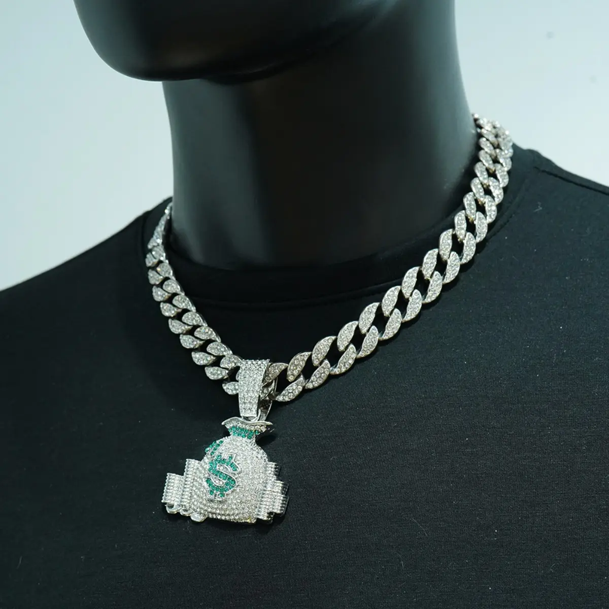 Creative Dollar $symbol Money Bag Necklace Coin Pendant Full of Diamonds Rhinestones Hip Hop Hipster Jewelry Men
