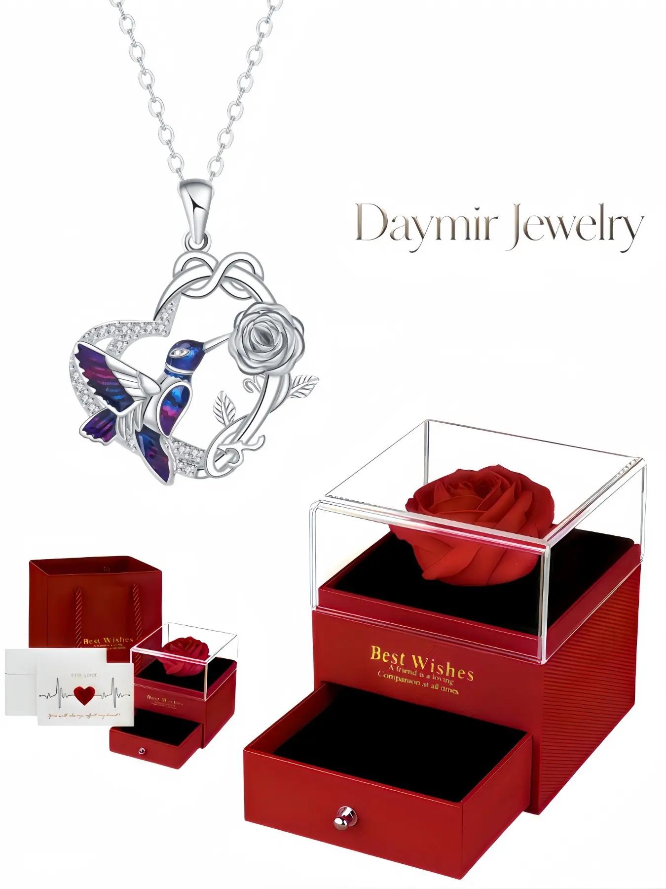 Stylish hummingbird and rose themed gem necklace, fade‑resistant luxury pendant with exclusive design. Stored in preserved rose jewelry box, wonderful holiday gift for birthdays, Mother’s Day, Valentine’s Day and Christmas.