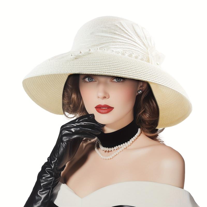 jewelry [Pearl & Lace Flower Straw Hat] Elegant Pearl & Lace Flower Straw Hat - Stretchable Wide Brim Sun Hat with Faux Feather Accent - Ideal for Beach Vacations, Derby Events & Church Outings
