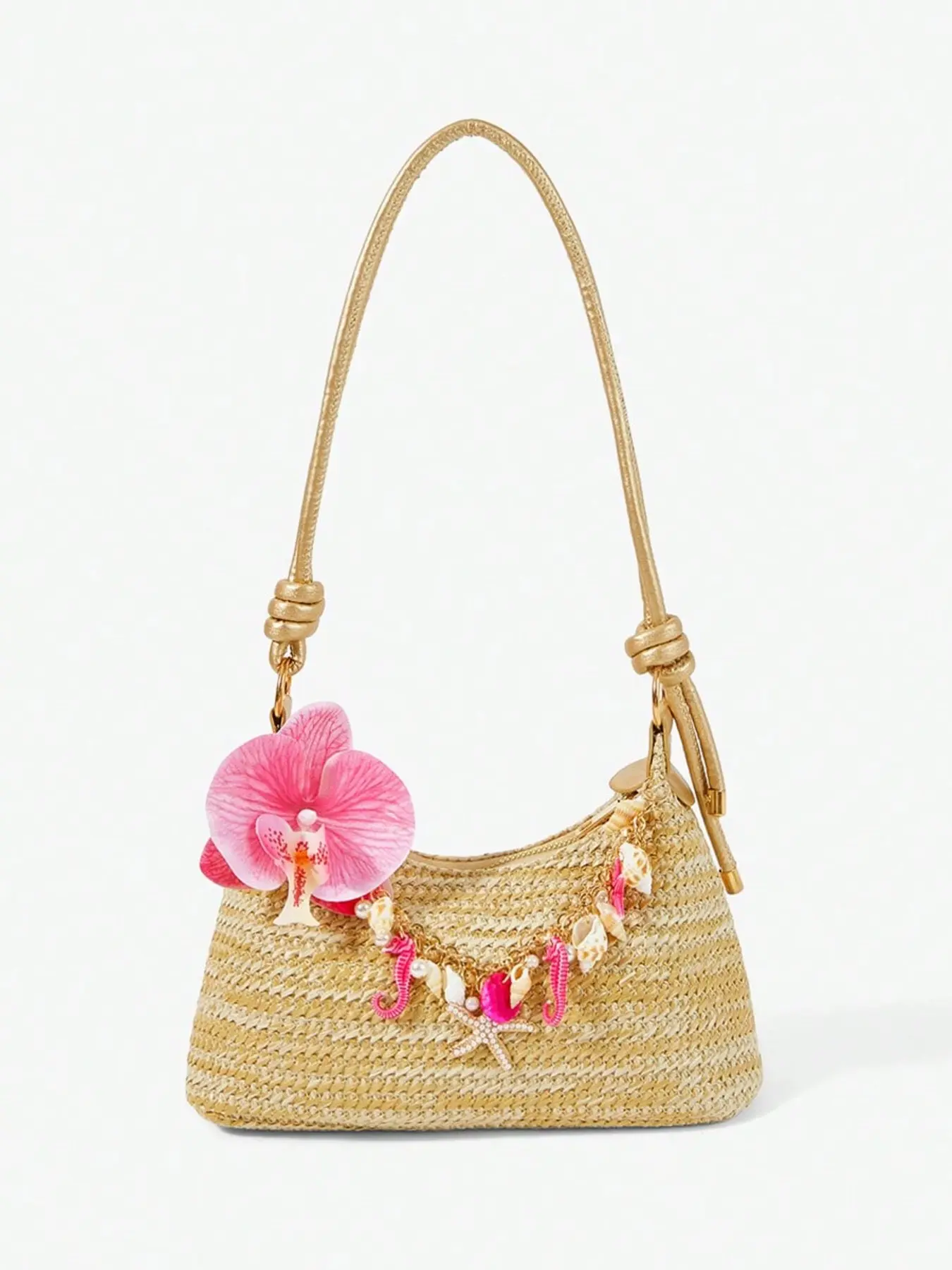 Boho Braided Straw Underarm Bag, Large Capacity Summer Beach Vacation Shoulder Bag, Plain Pattern, All Seasons, Bohemian Straw Bag