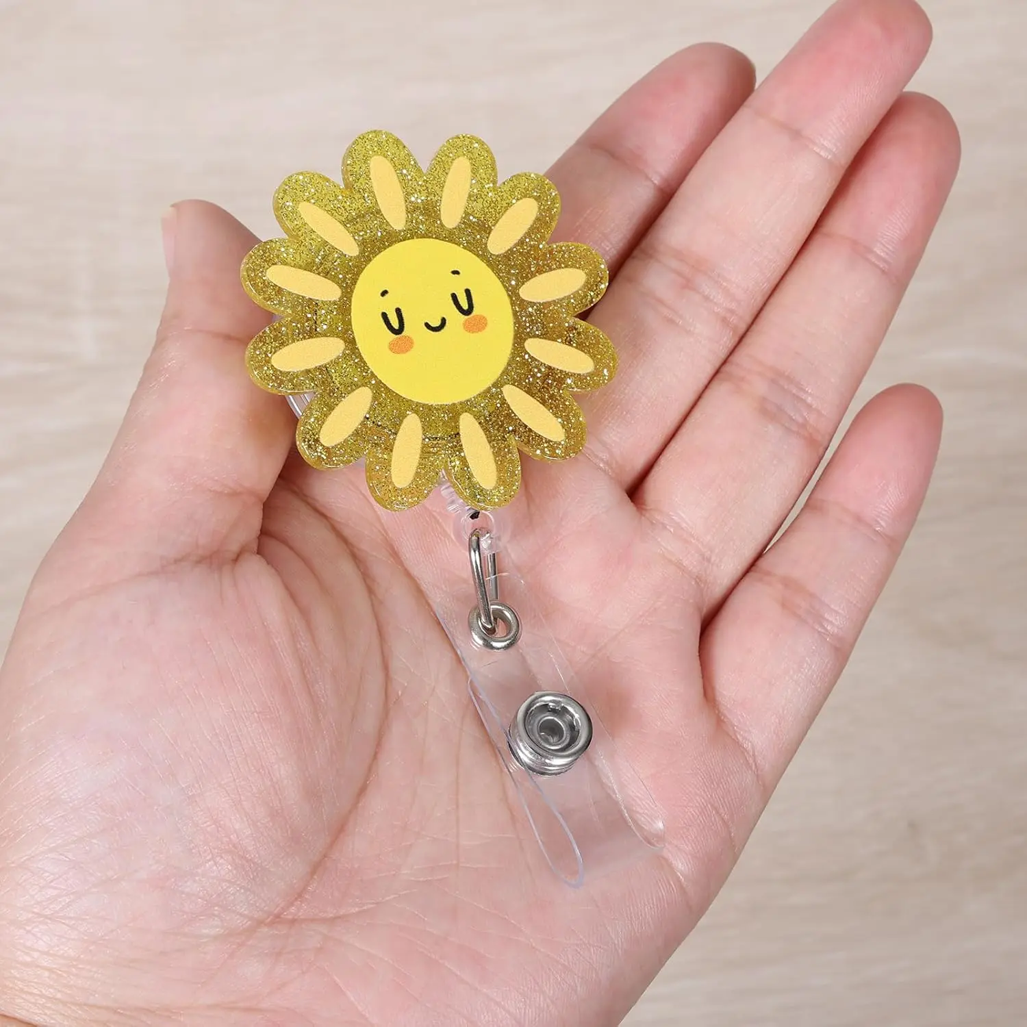 Cartoon Smiling Sunflower Fun and Colorful Shaker Badge Reels for Teachers, Nurses and More