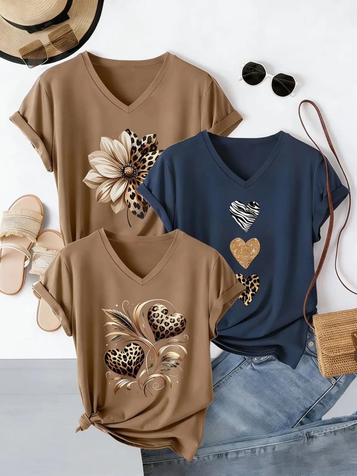 3-Pack Heart Leopard Print V-Neck T-Shirts for Women, Casual Summer Lightweight Pullovers, Sporty Short Sleeve Tops for All Seasons