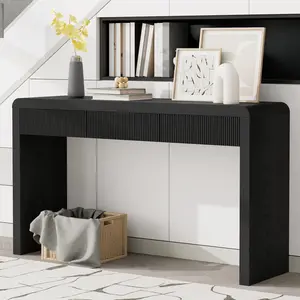 TREXM Rustic Console Table with 3 Fluted Drawers - Solid Wood Veneer Entryway Table Featuring Natural Wood Grain for Living Room, Hallway (Black)