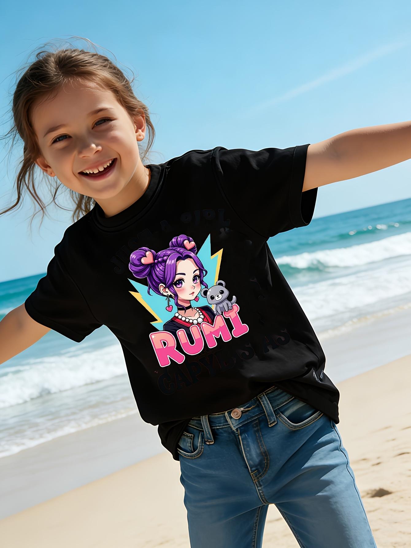 1[1-Piece] Girls' Creative "Rumi Purple Power Cartoon" Print Summer Short-Sleeve T-Shirt, Pink, White, and Other Series Printed Short-Sleeve T-Shirt Top Base Layer, 100% Polyester Fiber, Slightly Stretchy Crew Neck Regular Fit Sporty Casual Pullover
