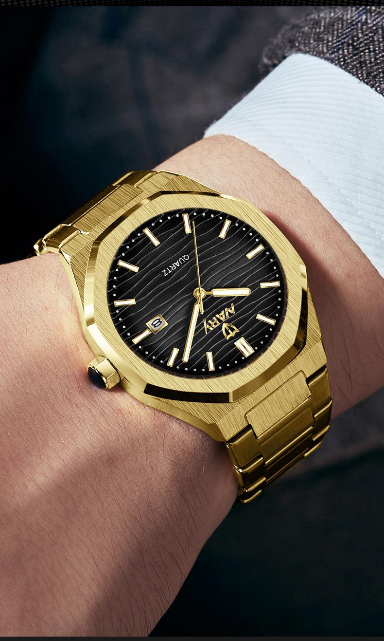 Men's Luxury Gold Octagonal Quartz Watch - Green Textured Dial with Date Display, Stainless Steel Band, Luminous Hands, Business Casual Dress Wristwatch, Perfect Gift for Him