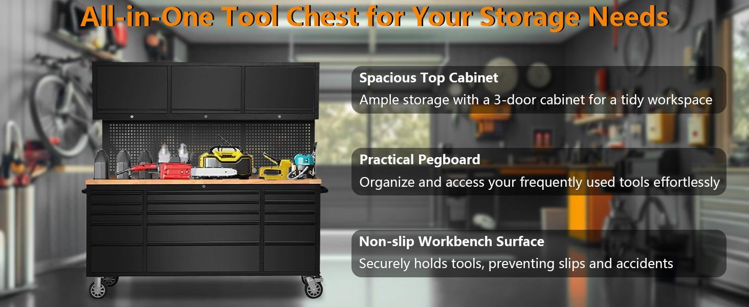 72-inch Rolling Tool Chest Cabinet Garage Workbench with 15 Storage Drawers and Wheels, 3 Upper Cabinet, Pegboard, Steel Large Tool Box for Garage Workshop, Matte Black