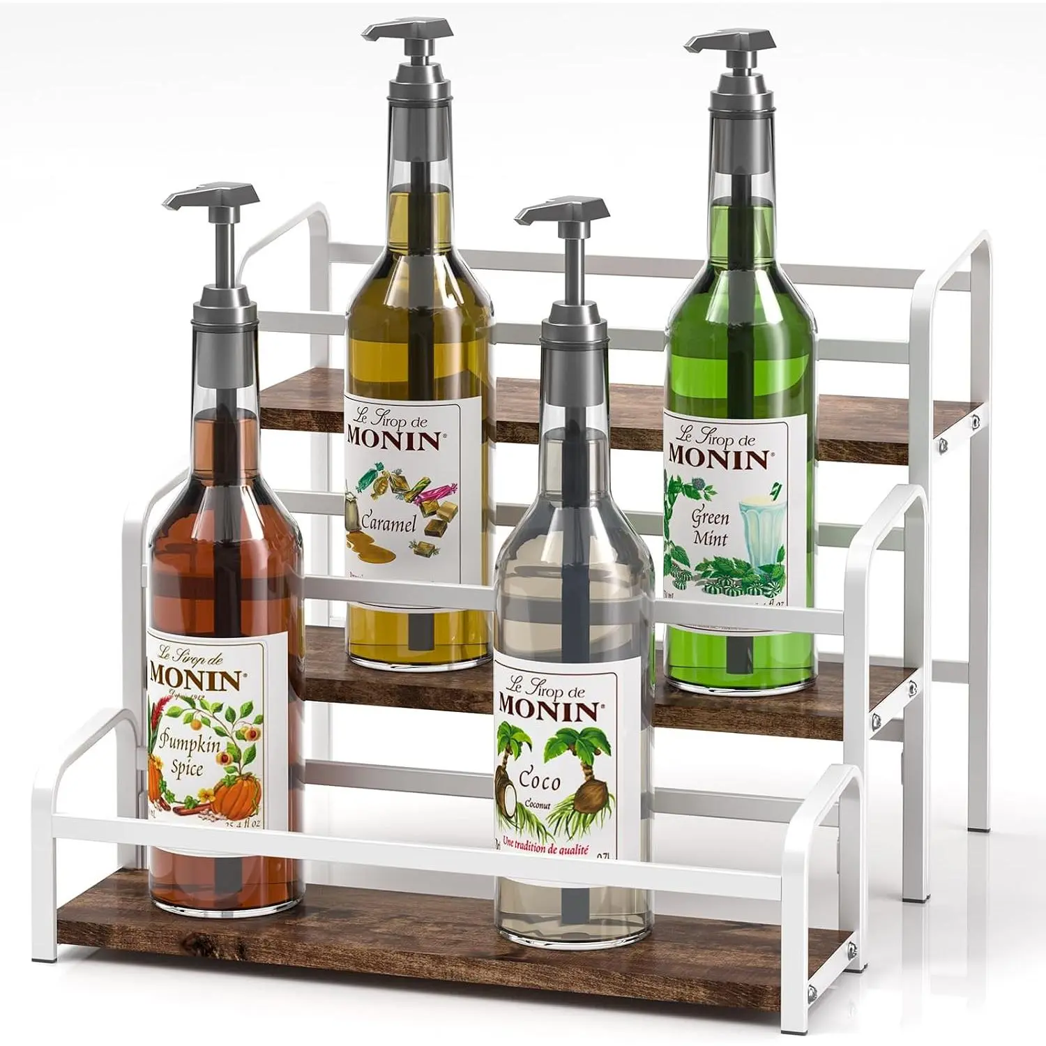 Coffee Syrup Organizer 3-Tier, 12 Bottles Capacity Coffee Syrup Rack, Syrup Stand for , , , Bottle, Coffee Bar Station Racks , No Installation (Dark-Colored , White)