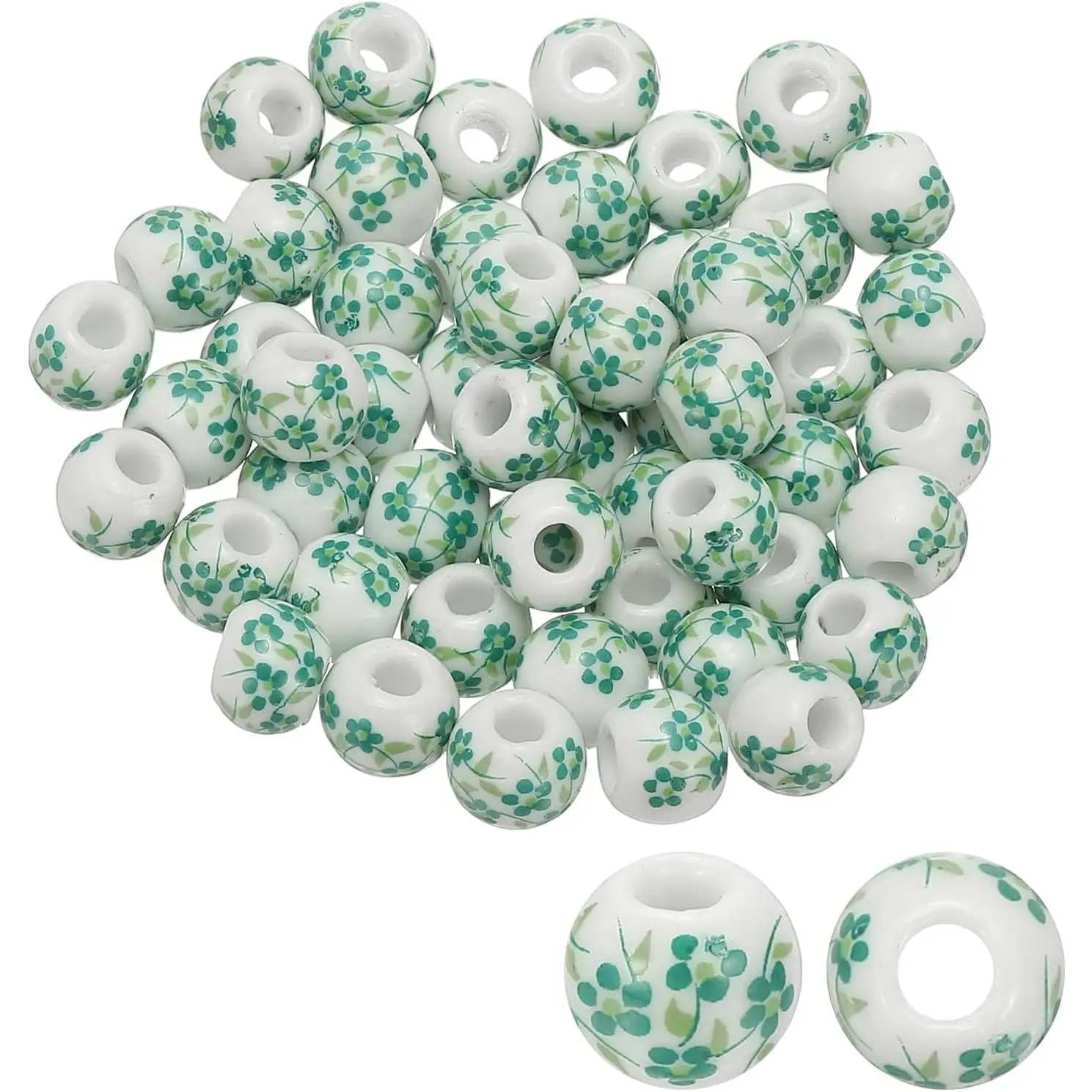 50 count Ceramic Beads for  Making, 8mm Flower Printed Round Porcelain Beads  Glazing Beading Supplies for Earring Necklace Bracelets DIY Crafts, Green Orchid