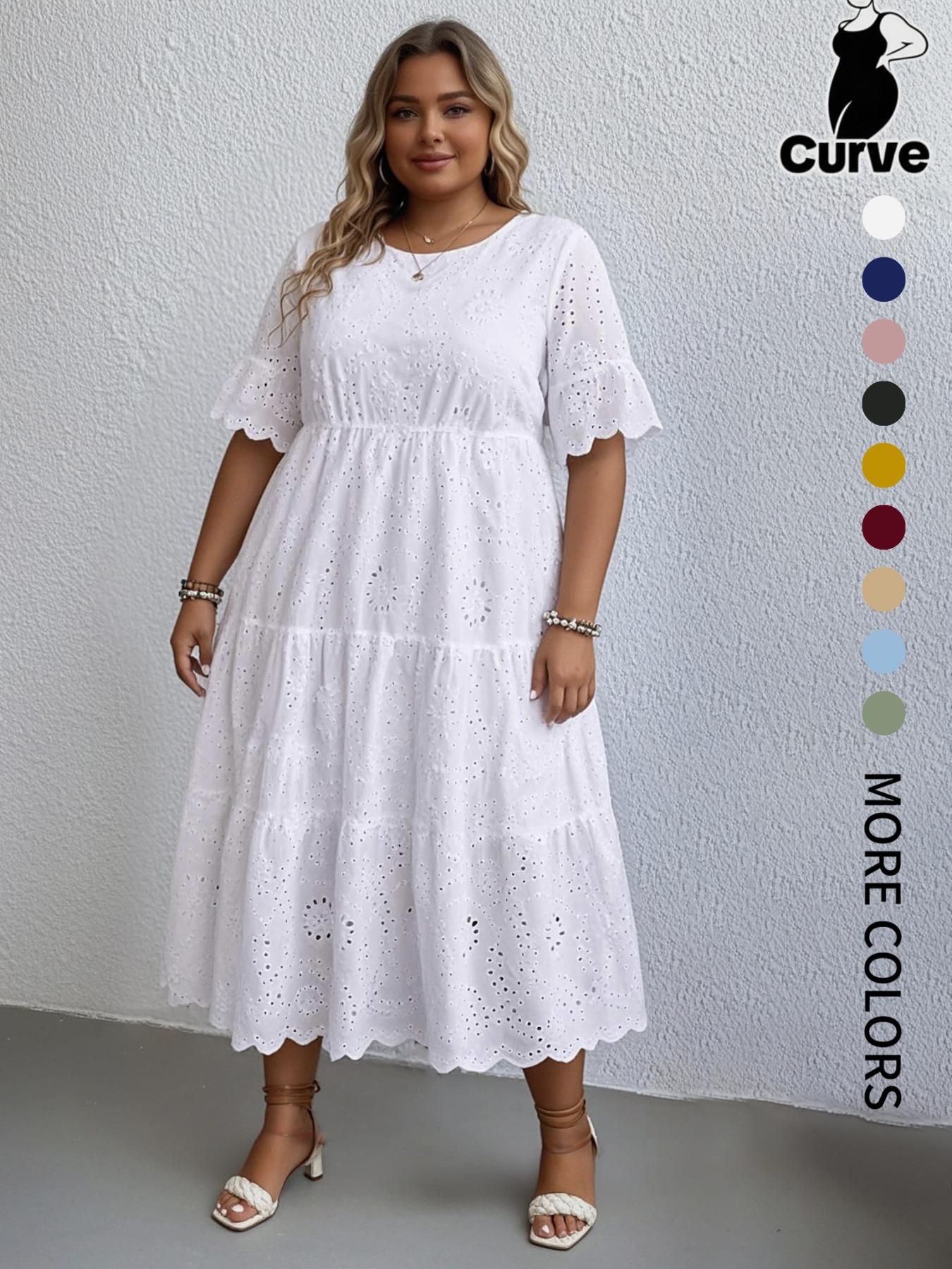 Plus Size Plain Eyelet Embroidered Dress, Boho Fashion Round Neck Short Sleeves Casual Dress for Daily Wear, Holidays and Vacations, Women's Plus Clothing for Summer, Womenswear - TikTok Shop Plus Size Plain Eyelet Embroidered Dress, Boho Fashion Round Neck Short Sleeves Casual Dress for Daily Wear, Holidays and Vacations, Women's Plus Clothing for Summer, Womenswear - TikTok Shop