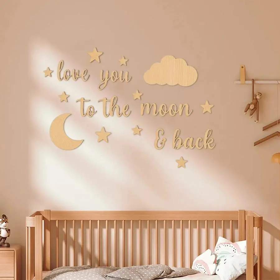 18-Piece Set of Natural Wood Alphabet Wall Decals, Wall Stickers, Children's Room Star, Moon, and Cloud Decor Set, Scandinavian-Style Wooden Star, Moon, and Alphabet Wall Decals