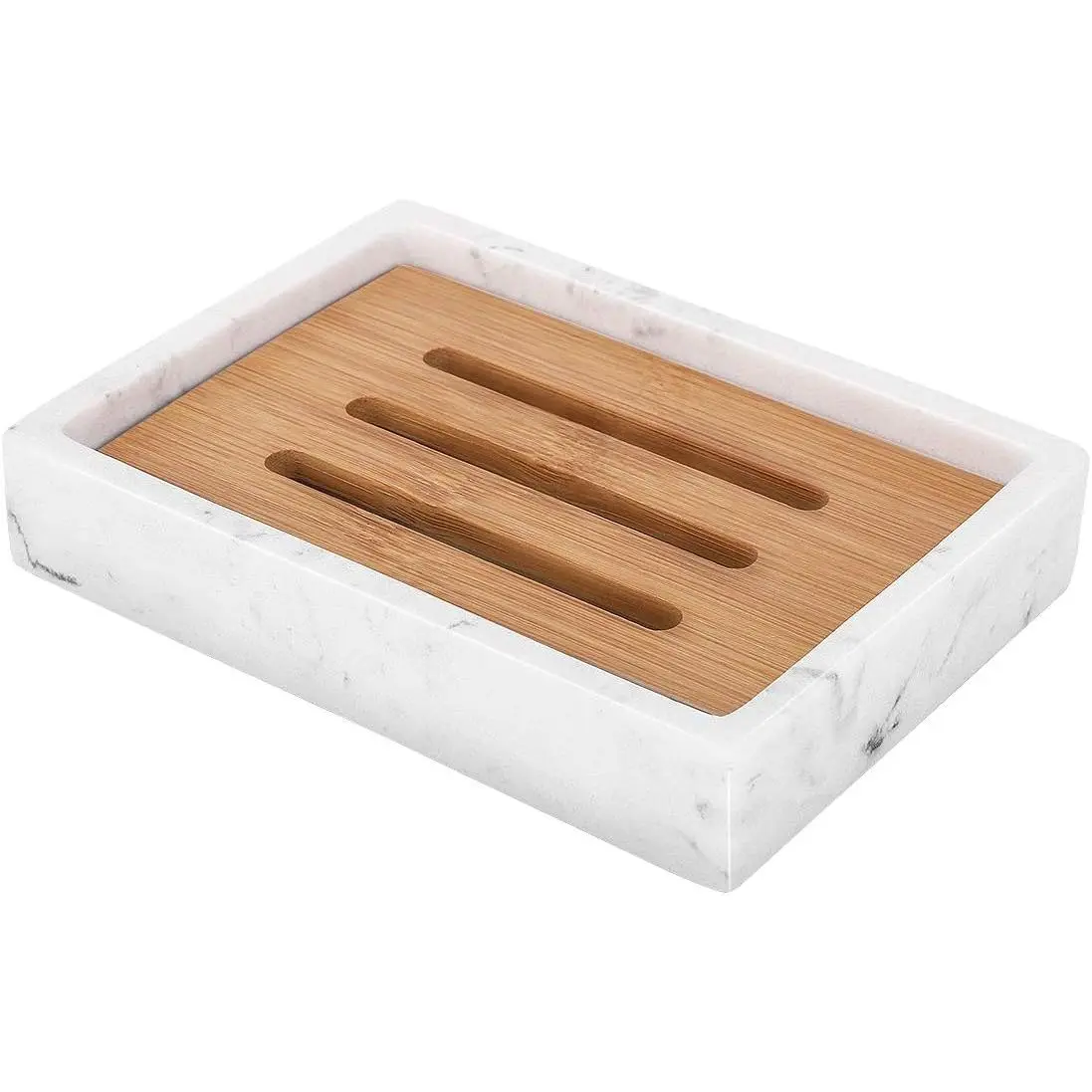 Bamboo Soap Dish, Resin Soap Holder with Drainage, Wooden Soap Dish for Shower, Bathroom, Sink, Kitchen and Countertop, Gravel White