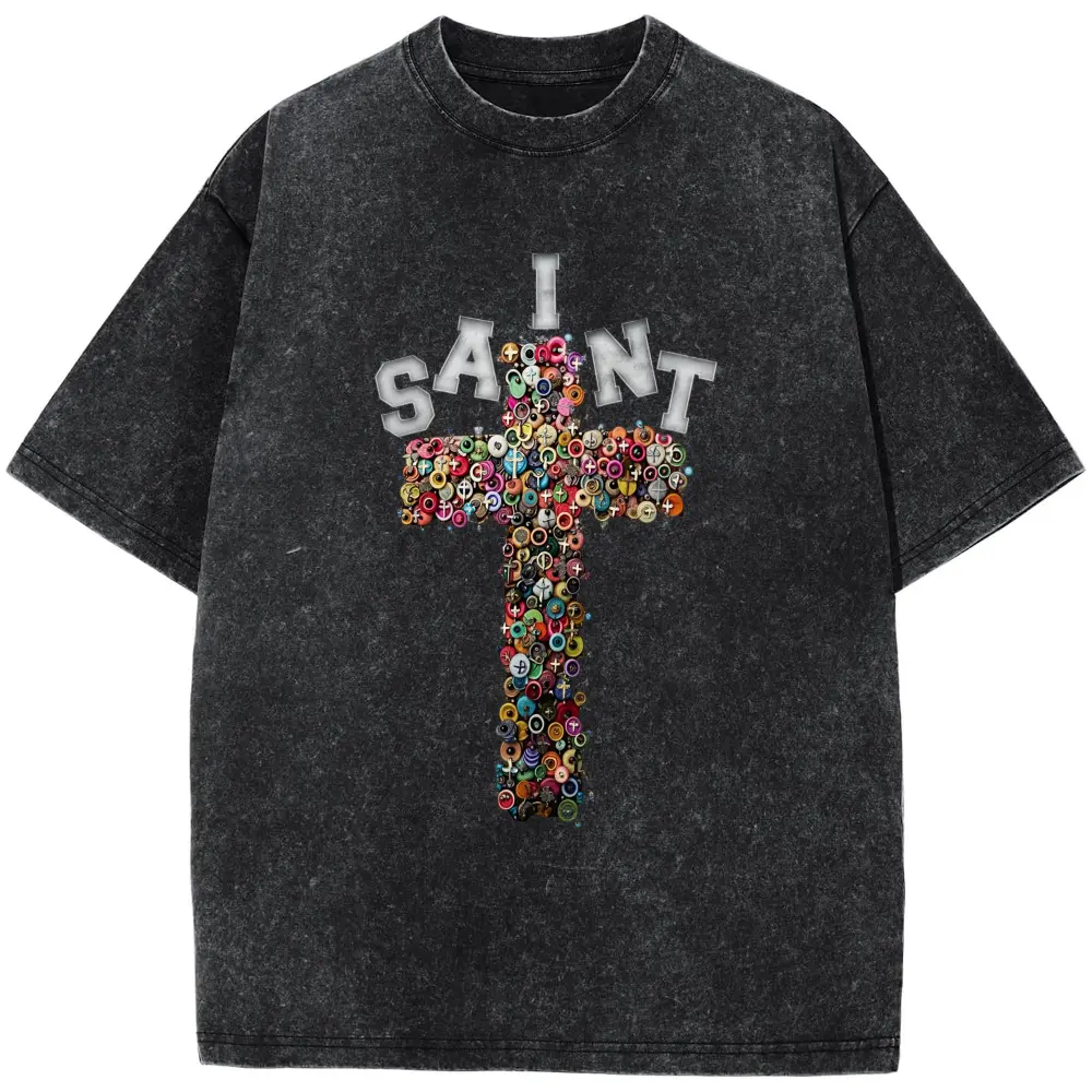 Vintage Saint Cross Graphics Printed Cotton T-Shirt Y2k Graphic Tees vintage  graphic  tees Soft Top 0704D 818Plus Size T-Shirt, Retro Fitness Heavyweight Washed T-Shirt, 100% Cotton