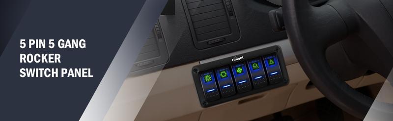 Nilight 5Gang Aluminum 5Pin ON/Off Blue Rocker Switch Panel