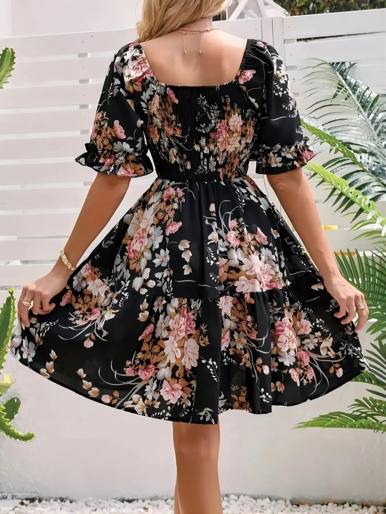 Women's Floral Print Ruffle Hem Shirred Slim A Line Dress, Casual  Boho Romantic Flounce Sleeve Square Neck Short Dress for Beach Vacation, Ladies Summer Clothes