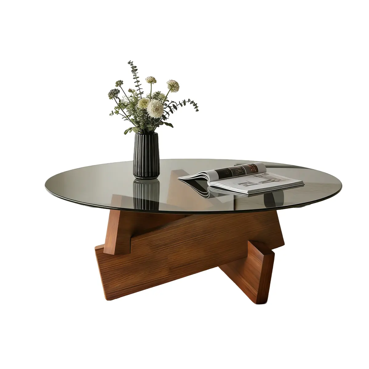 Glass Coffee Table, Modern Round Coffee Table for Living Room, 31.5" x 31.5" x 12.2" Mid Century Center Table with Tempered Glass Top and Wood, Walnut