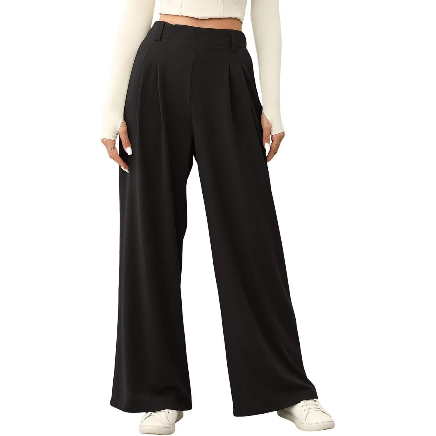 Women's Elastic High-Waisted Waffle Knit Wide Leg Bottoms - Baggy Fit Basic Day Pants, Business Casual Palazzo Trousers with Pockets