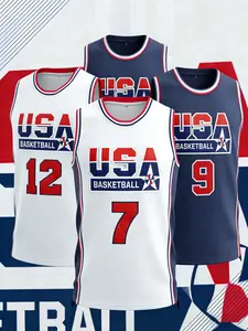 Men's Embroidered Name and Number Basketball Jersey, Sportswear Top, Blue, Lightweight Breathable High-Quality Sports Wear for All Seasons, Embroidered Basketball Jerseys