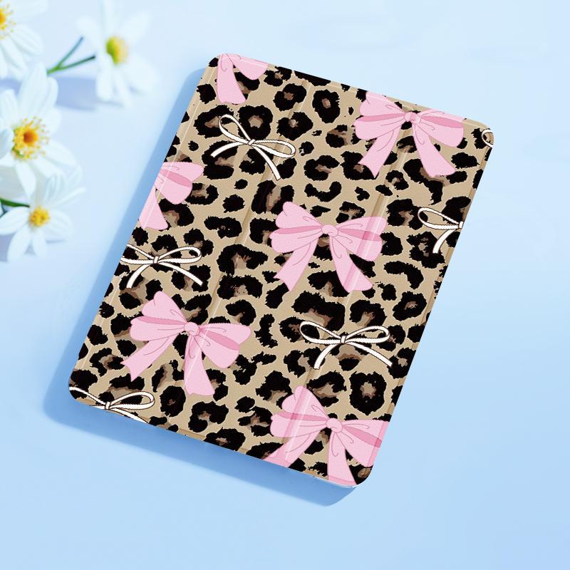 Cute bow and leopard pattern, with adjustable bracket and pen slot, foldable non-slip TPU protective case, suitable for iPad mini, iPad Air, iPad Pro/iPad 10th generation, 11th generation and other series iPad protective cases