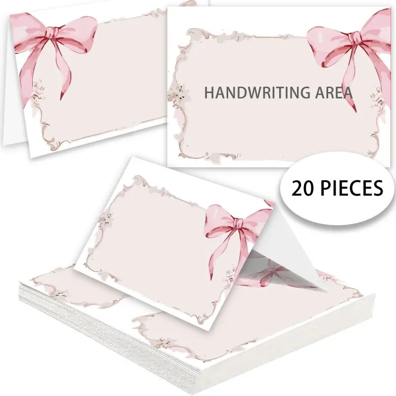 20 Pieces Blank Table Seating Cards & Name Tags, Foldable Tent Place Cards with Pink Bow Ribbon, Decorative Ribbons, Blank Handwriting Surface Table Markers for Wedding Birthday Gathering Decor Handwriting Area
