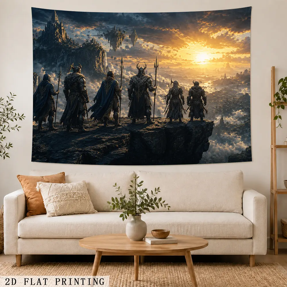 2D Flat Tapestry - Fantasy Warriors, Floating Castle Kingdom, Epic Sunset Landscape Artwork Print with Clouds, Lightweight Wall Hanging for Bedroom, Gaming Room Home Decor