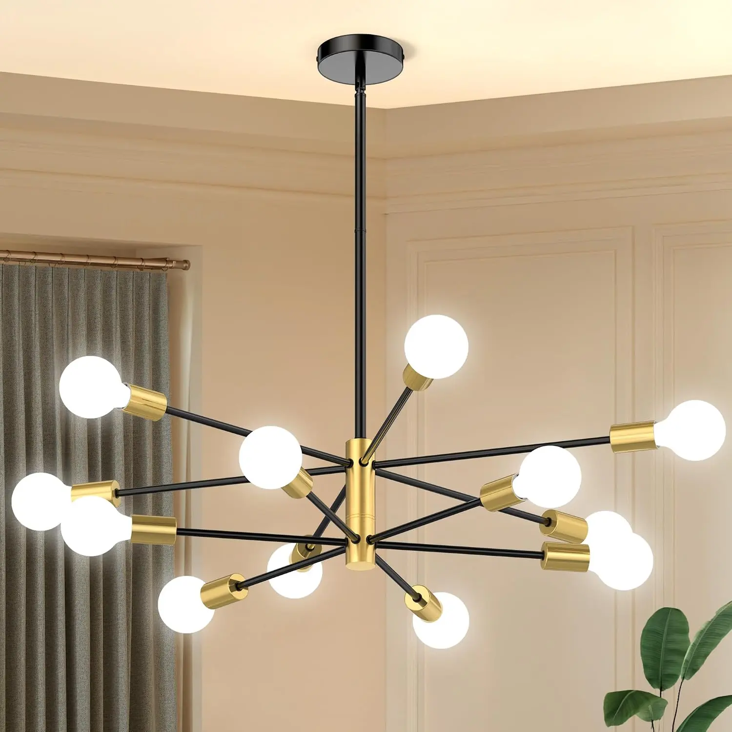 Black and Gold 12-Light Sputnik Chandelier, Mid-Century Modern Height-Adjustable Incandescent Edison Ceiling Light Fixture for Dining Room, Kitchen Islands