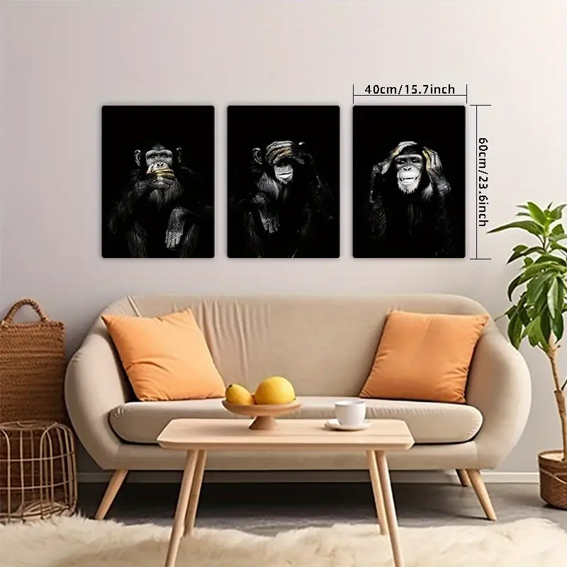 3-piece set of vintage black and white monkey canvas art paintings, waterproof modern wall decoration, suitable for living room, bedroom, office, and cafe wall decoration