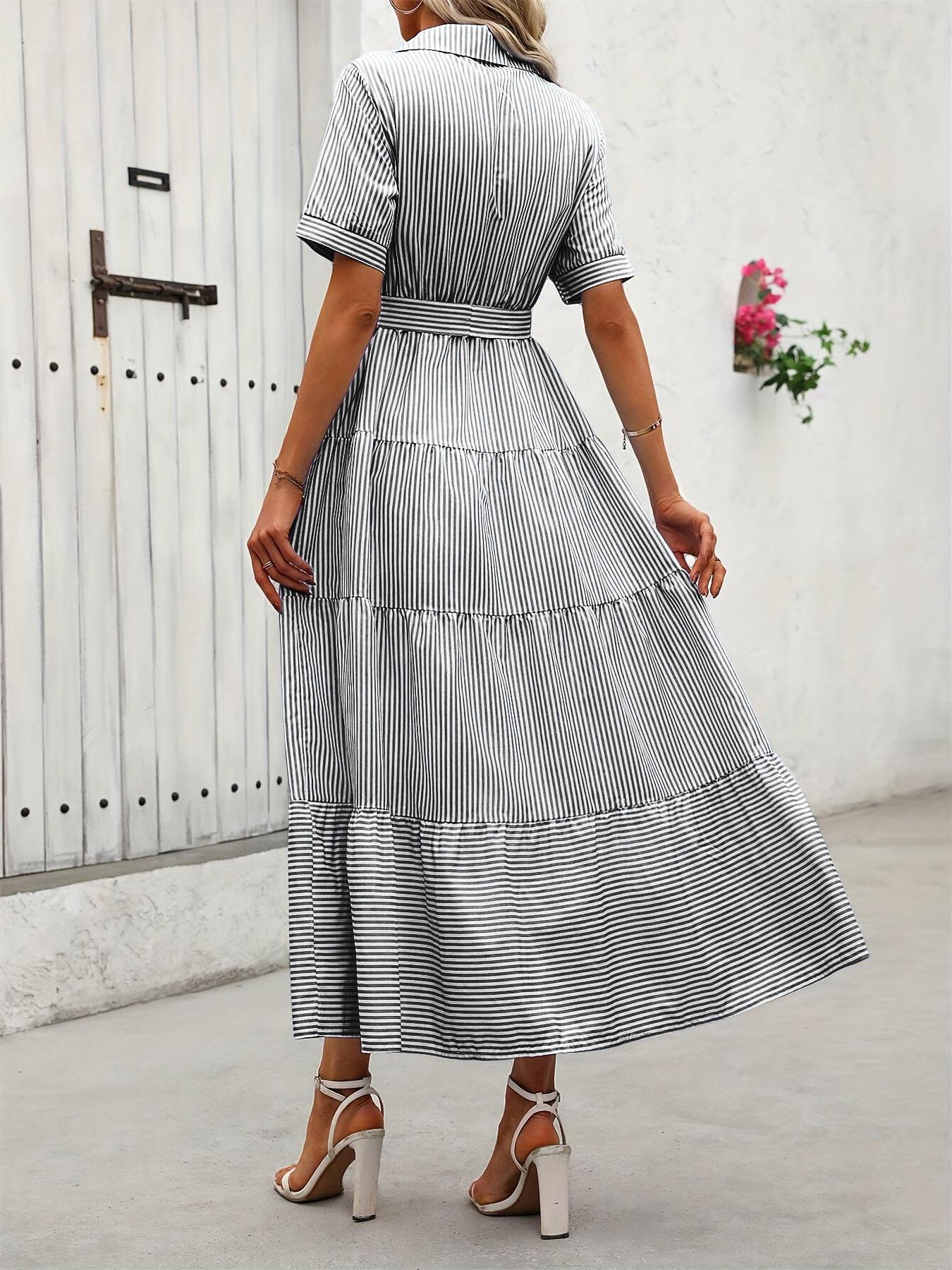 Women's Striped Print Belted, Elegant Casual  Long Dress for Summer, Women's Clothing for Daily Wear, Classy Modest Dresses