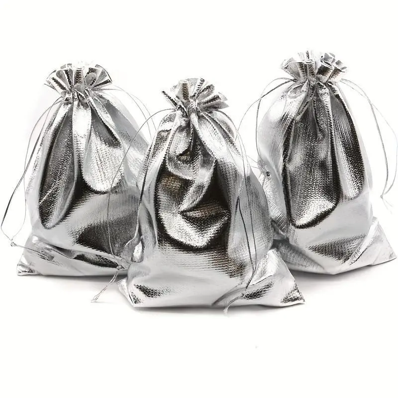 10pcs, Heavy Duty Golden Drawstring Organza Jewelry Pouches Wedding Party Christmas Favor Gift Candy Chocolate Bags, Golden, Silvery, Cheapest Items Available, Jewelry Packaging Bag, Wedding Gift Bag, Wedding Decor, Party Gift Bag, Birthday Gift Bag,