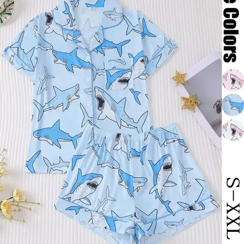 Women's All Over Animal Print Crop Shirt & Elastic Waist Shorts Two-piece Set, Casual Comfy Short Sleeve Top & Shorts Set, Ladies Sleepwear for All Seasons, Pajama Suit