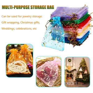20/50/100 Pcs Mixed Color Sequin Star Moon Organza Drawstring Bags, Transparent Thin Small Gift Bags for Wedding, Christmas, Valentine's Day