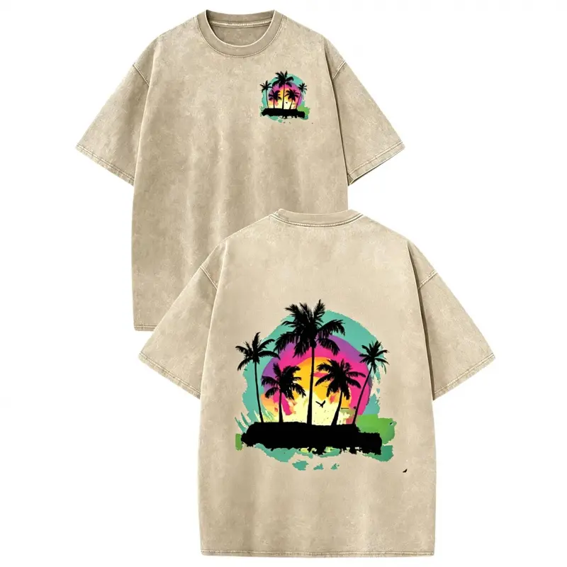 Women's Vintage Graphic T-Shirt, Acid Wash Palm Tree Sunset Top in 100% Cotton, Oversized Relaxed Fit Shortsleeve for Everyday Summer Style