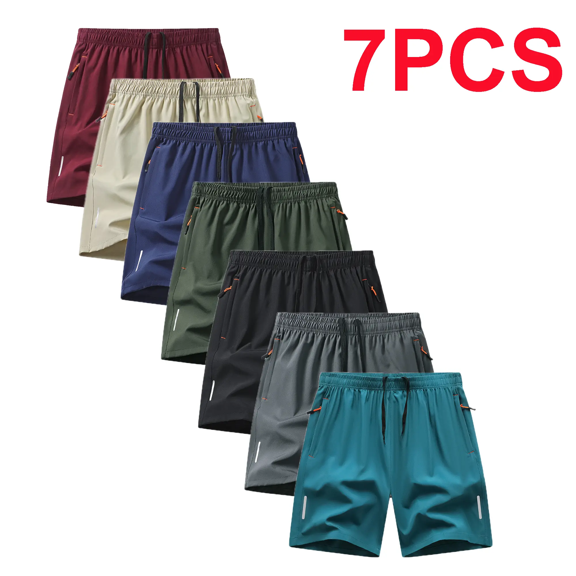 Men's 7-Pack Quick-Dry Athletic Shorts, Loose Fit for Gym & Running with Zipper Pockets, Chafe-Free Fabric and High-Contrast Reflective Bars, Elastic Waist, Activewear With Pockets, Athletic Wear Shorts, Lightweight Breathable Shorts
