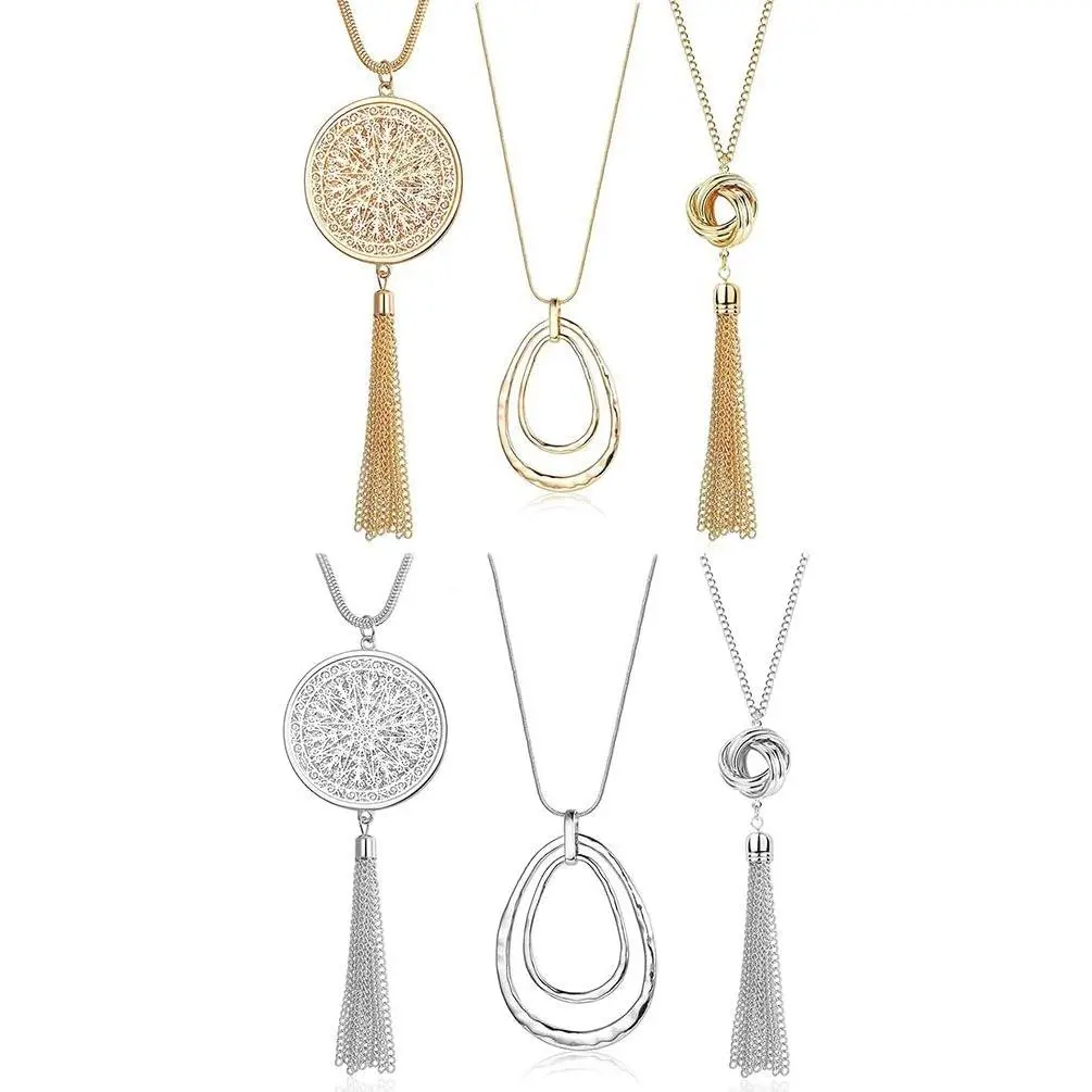 Women's Elegant 3-Count Silver Alloy Female Selfie Accessory Necklace Set - Knot Disk, Circle, Tassel Statement Sweater Necklaces, 2.75 In, Nickel Lead Free, Compatible with 6p Phones, for Love, Birthday, 2.75 Inches