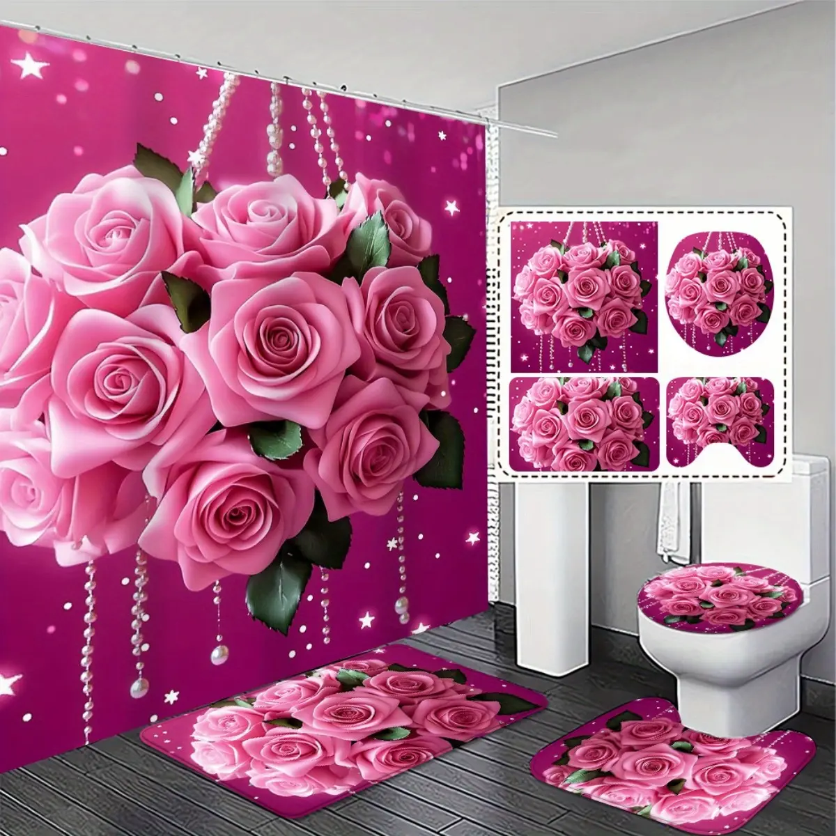 4-Piece Elegant Pink Rose Bathroom Set - 2D Flat Printed Floral Shower Curtains for Bathroom, Non-Slip Floor Mat and Toilet Cover. Perfect Valentine's Day Gift, Exquisite and Practical Home Decoration Gift