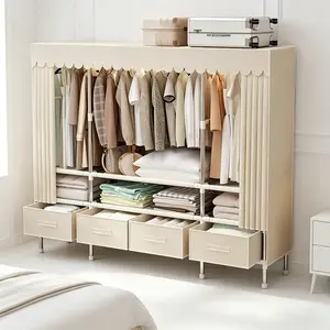 Large Capacity Closed Fabric Freestanding Wardrobe with Wave Dust Cover Curtain, Separated Hanging Area for Long & Short Clothes, 4 Bottom Storage Drawers, Multi-Purpose Organizer for Garments Bedding Bags Bedroom Storage