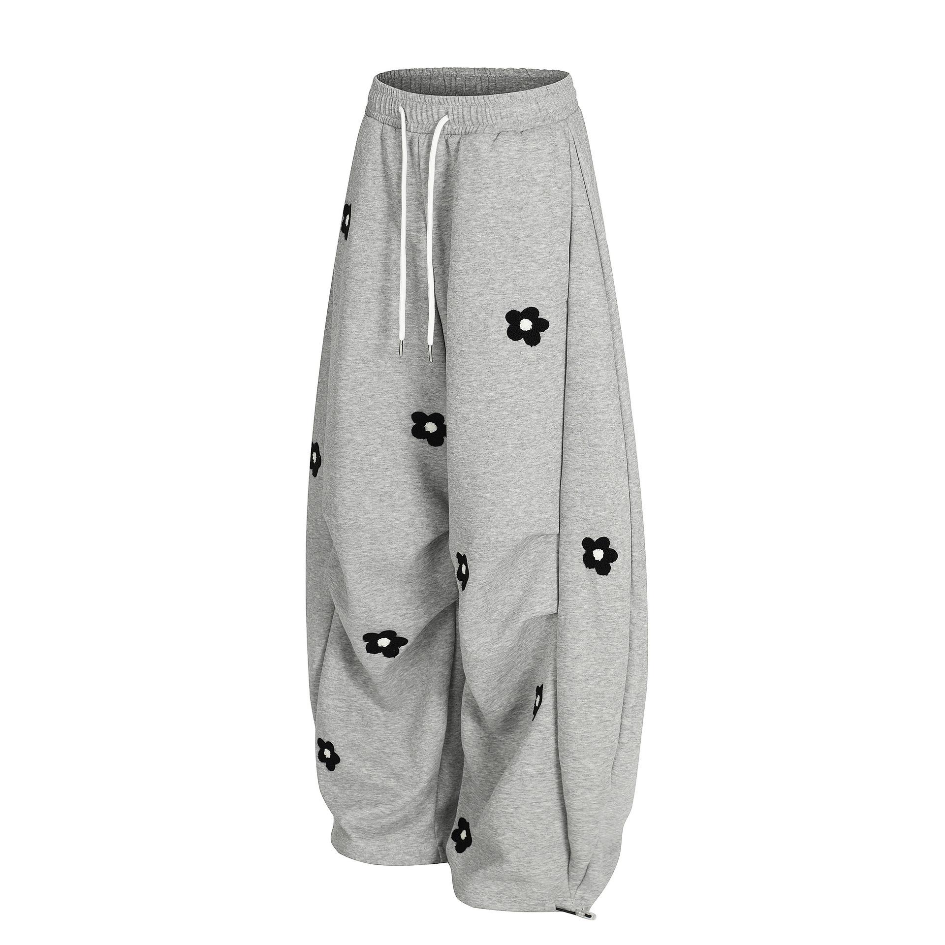2026 Spring Collection Sweet and Cool Style Floral Embroidery Drawstring Loose Slimming Casual Sports Pants Wide-Leg Sweatpants for Women Menswear Trouser
