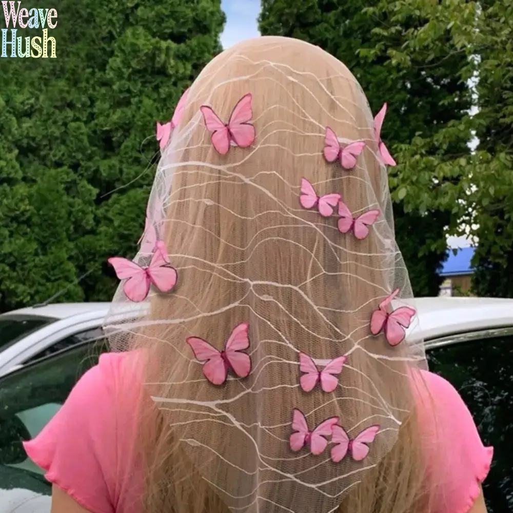 Women’s Butterfly Sheer Mesh Head Veil, Tulle Scarf Decorated With 3D Pink Butterflies, Lightweight Breathable Ethereal Head Accessory, Ideal For Church Ceremonies, Outdoor Photoshoots, Festivals And Cosplay Styling