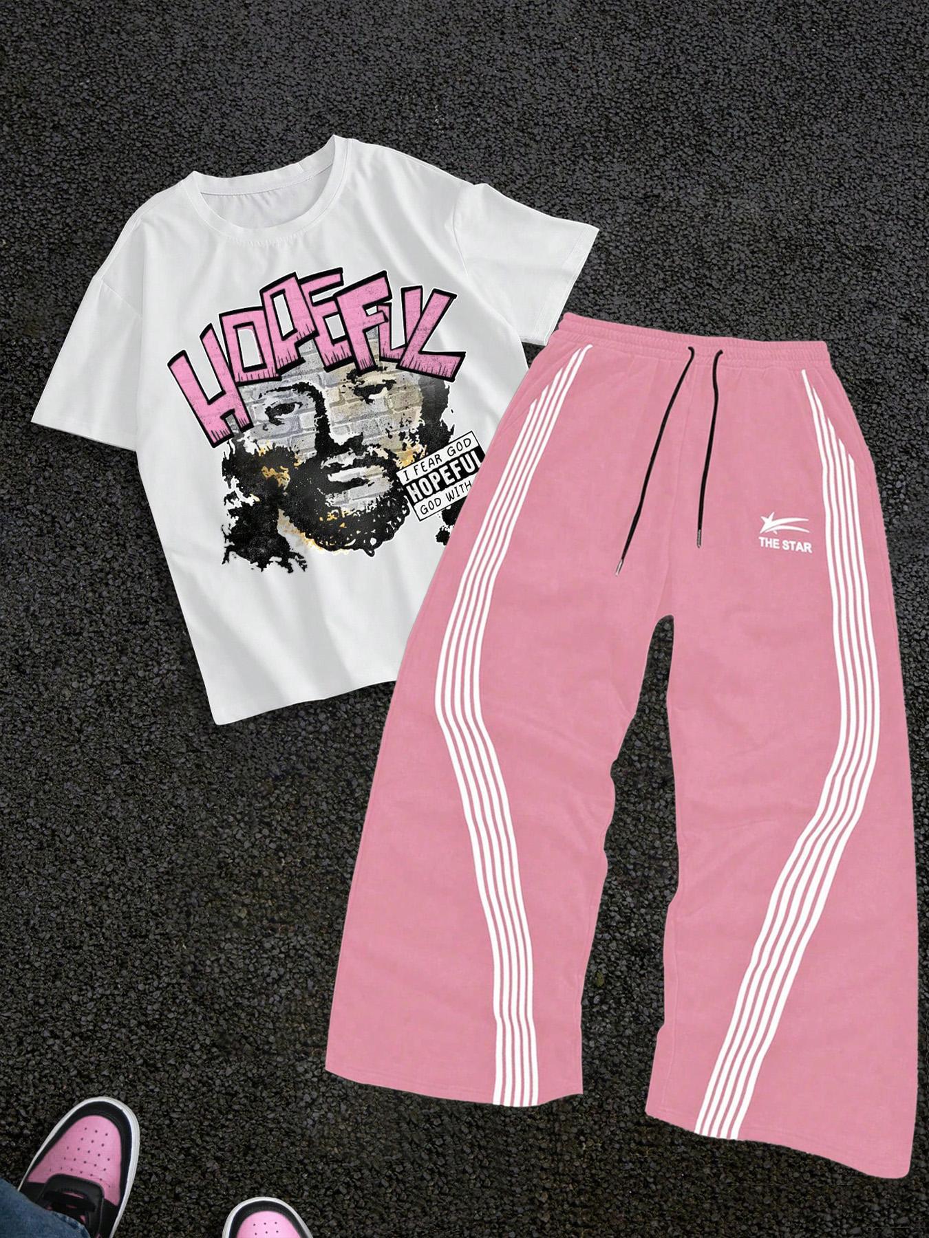 Men's Letter Print Short Sleeve Graphic Tee & Side Stripe Drawstring Waist Pants Two-piece Set, Regular Fit Round Neck T-shirt & Pocket Trousers, Casual Fashion Cozy Breathable Men Outfits for Spring & Fall