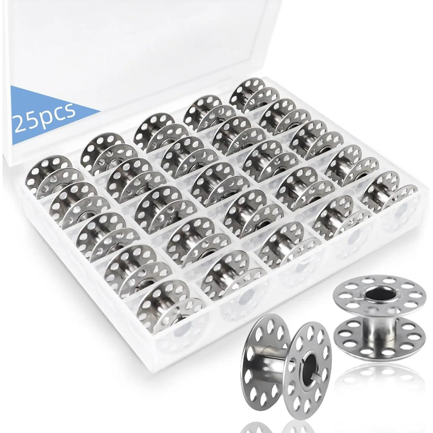 25 count Metal Bobbins,Sewing Machine Bobbins Sewing Machine Accessories with Storage Box Class 15 Bobbins,Suitable for   Bernina  Elna Babyloc Sewing Machine (Silvery)