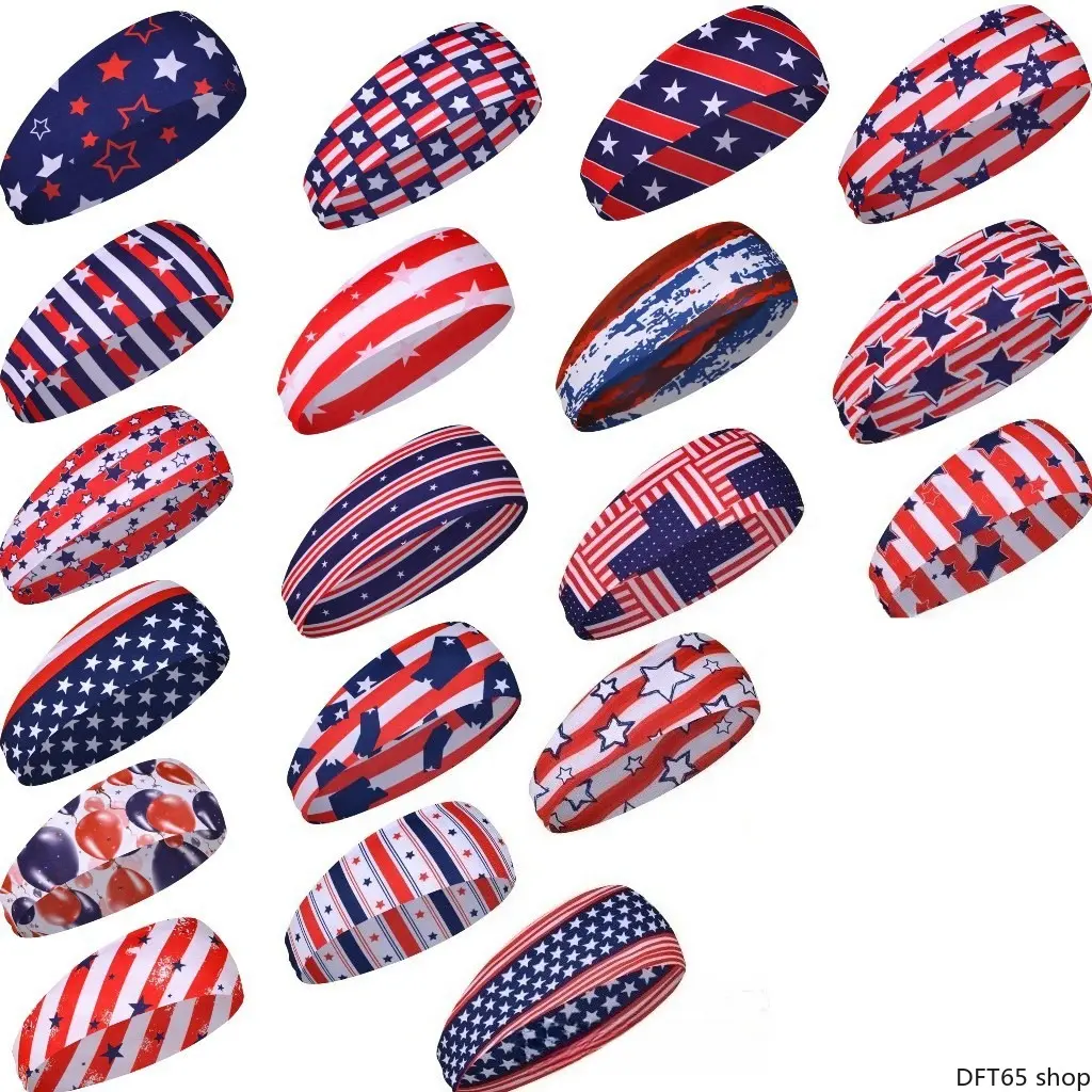 US Flag Printed Elastic Sports Headband - Elastic Band, Soft Breathable Stretch Fabric, Sweat Wicking, Wide Coverage, Non Slip Secure Grip for Men, Independence Day, Running, Daily Wear Patriotic Hair Accessory
