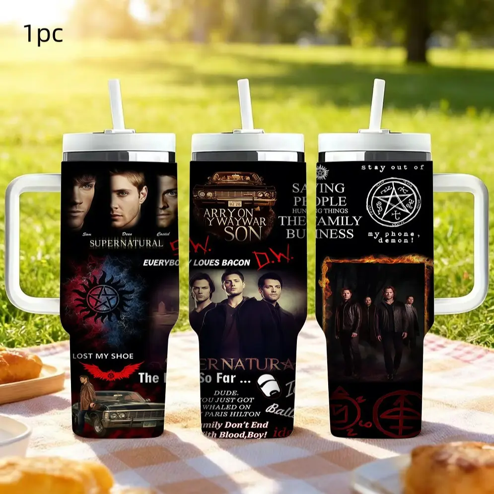 1pc 40oz 1200ml 304 Stainless Steel Handle Tumbler, Supernatural Dark‑style Character‑poster & Sigil Collage‑Art Print Creative Gift Tumbler For TV‑Show‑Lovers